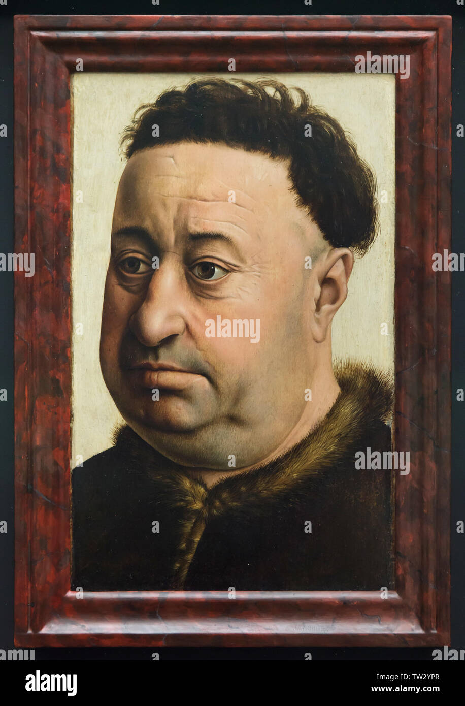 La pintura "Retrato de un hombre gordo' (1430-1440), pintor del renacimiento temprano por el flamenco Robert Campin, anteriormente conocido como el maestro de Flémalle en exhibición en el Berliner Gemäldegalerie (Pinacoteca de Berlín) en Berlín, Alemania. Foto de stock