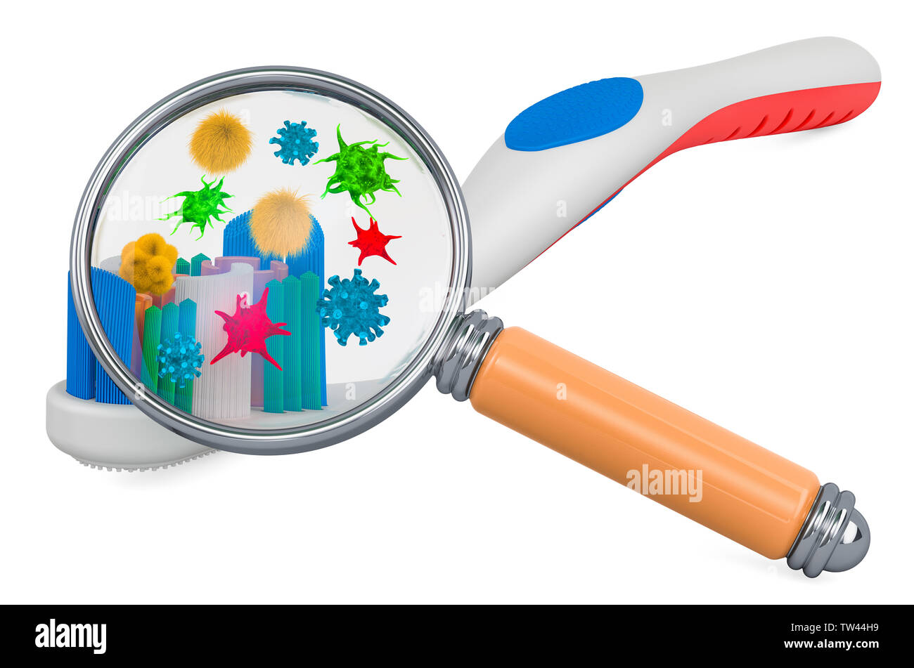 Cepillo de dientes con virus y bacterias bajo lupa, 3D rendering ...