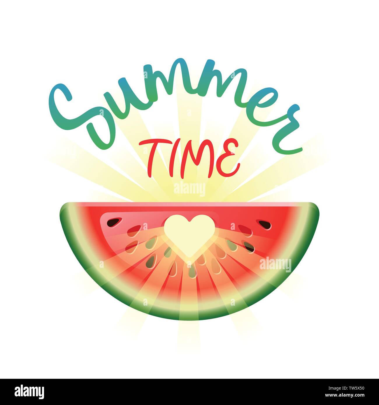 La hora de verano. Concepto de vacaciones de verano con el corazón en la sandía y el sol. Ilustración vectorial. Ilustración del Vector