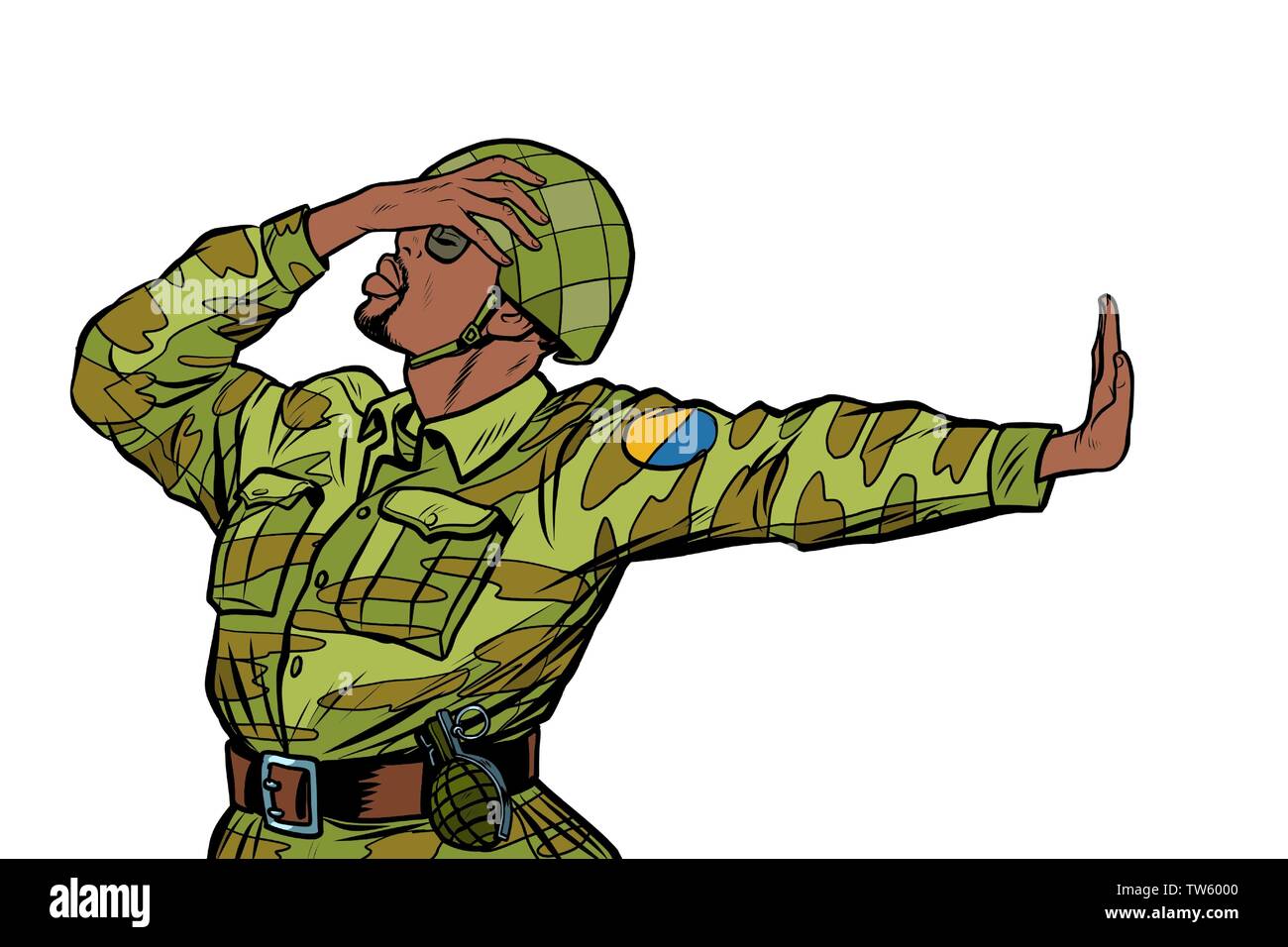 Soldado uniformado africanos vergüenza denegación gesto no. anti militarismo pacifista. Ilustración del Vector