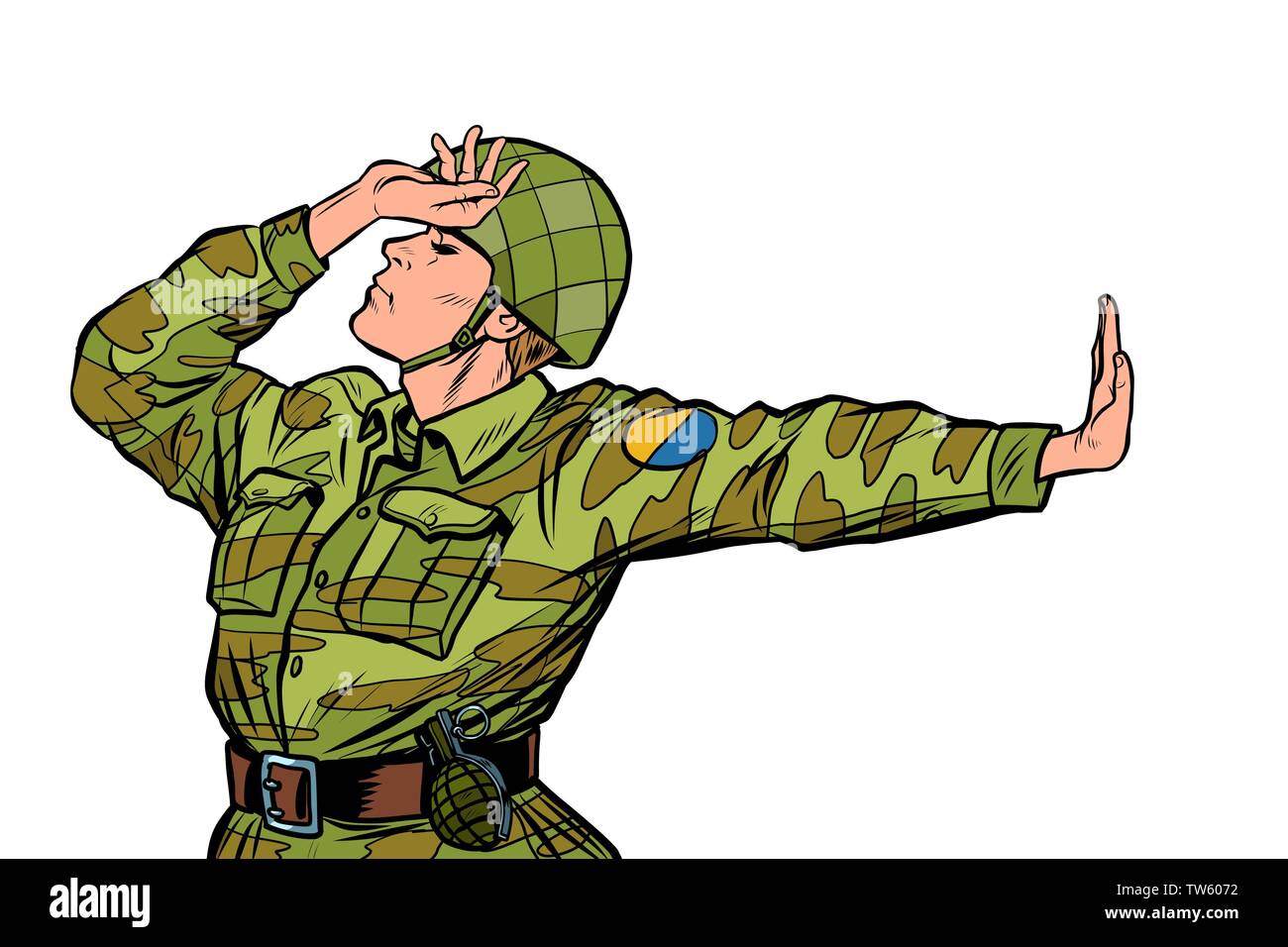 Soldado en uniforme vergüenza denegación gesto no. anti militarismo pacifista. Ilustración del Vector
