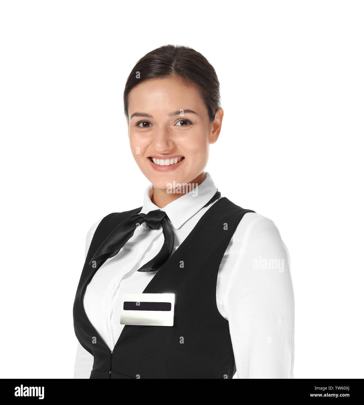 Recepcionista de hotel femenino en uniforme sobre fondo blanco Fotografía  de stock - Alamy