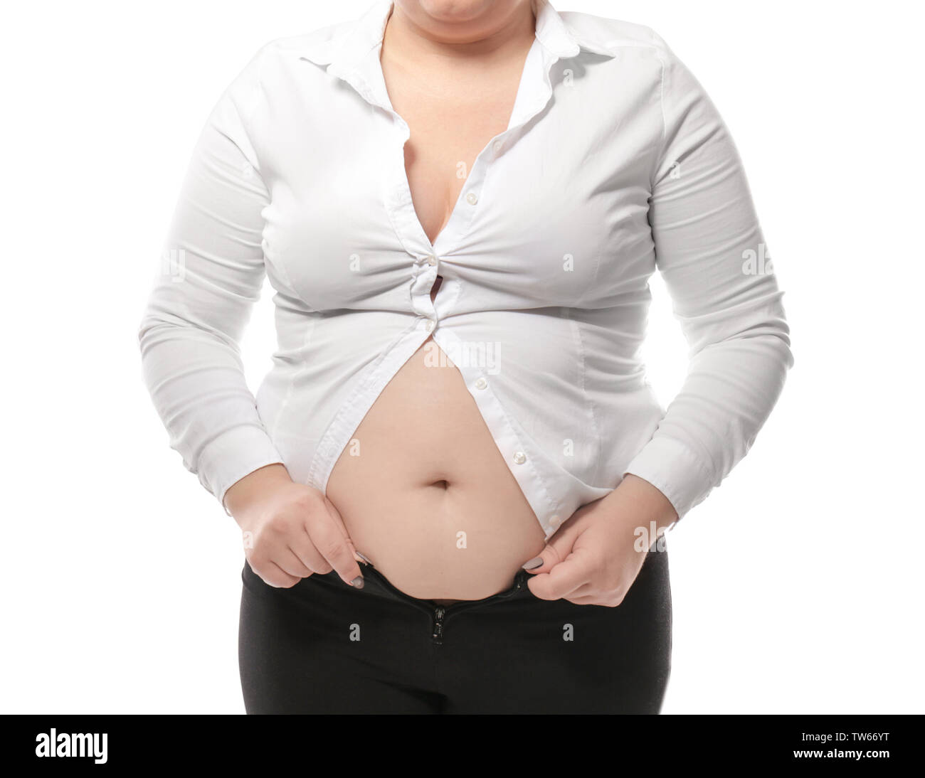 Mujer con sobrepeso en ropa apretada sobre fondo blanco. Concepto de  pérdida de peso Fotografía de stock - Alamy