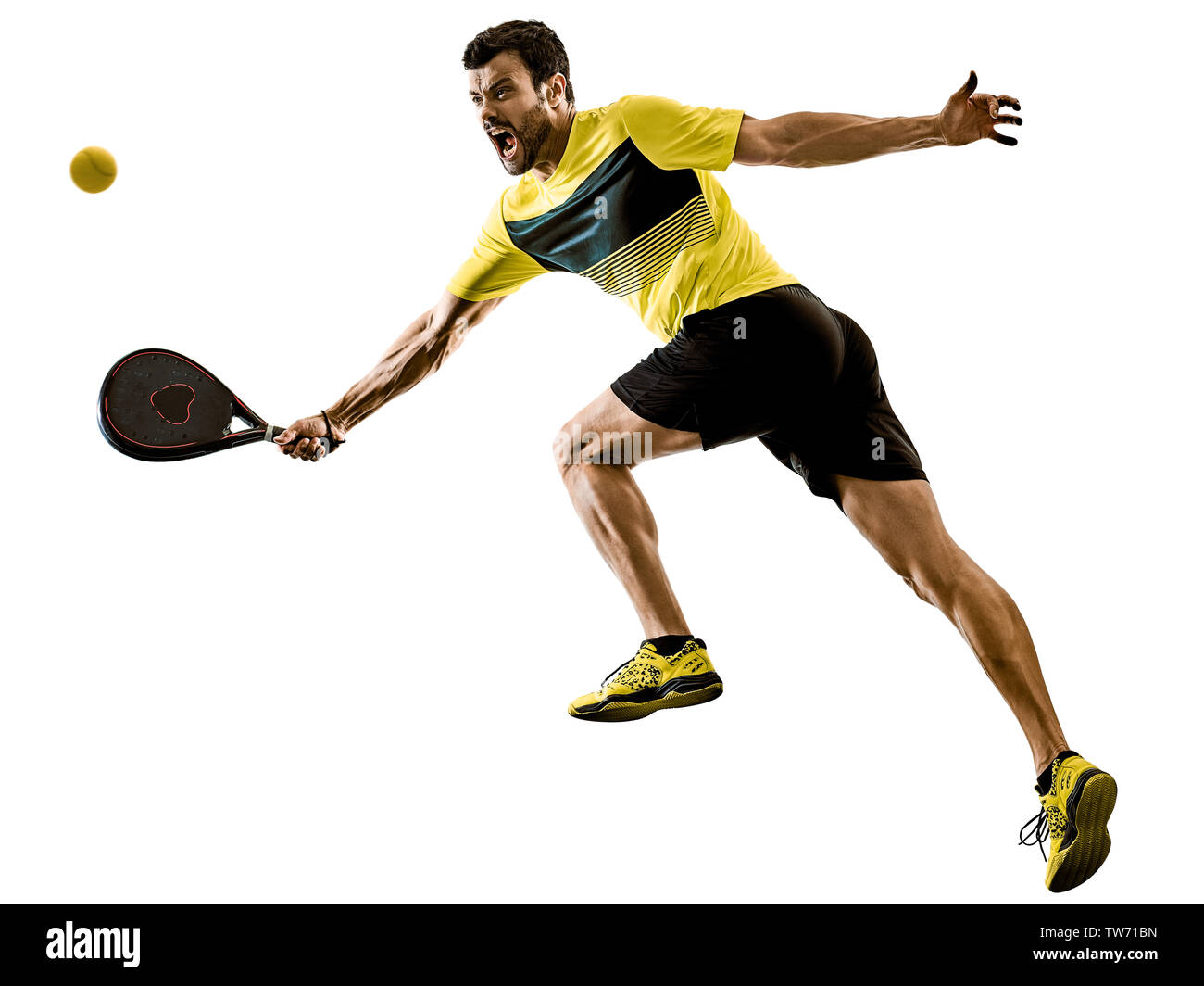 Hombre Jugando Pádel Tenis Aislado Con Raqueta Recibiendo Un Balón Imagen  de archivo - Imagen de instructor, raqueta: 270151199