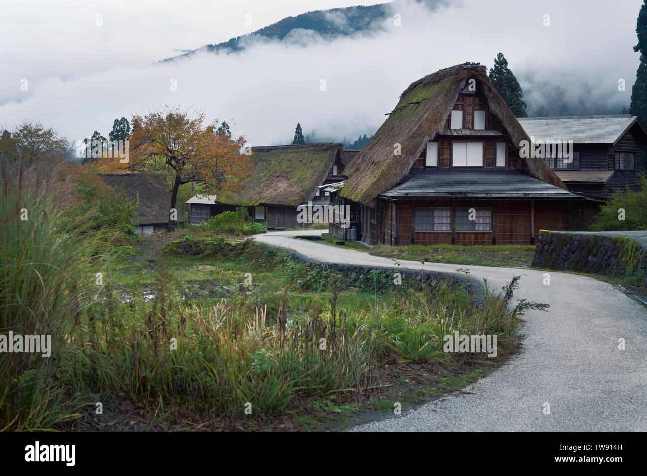 País por carretera serpenteante a través de Ainokura Mountain Village con estilo japonés histórico Gasshō casas rurales de paja. Ainokura, Prefectura de Toyama, Japón 2 Foto de stock