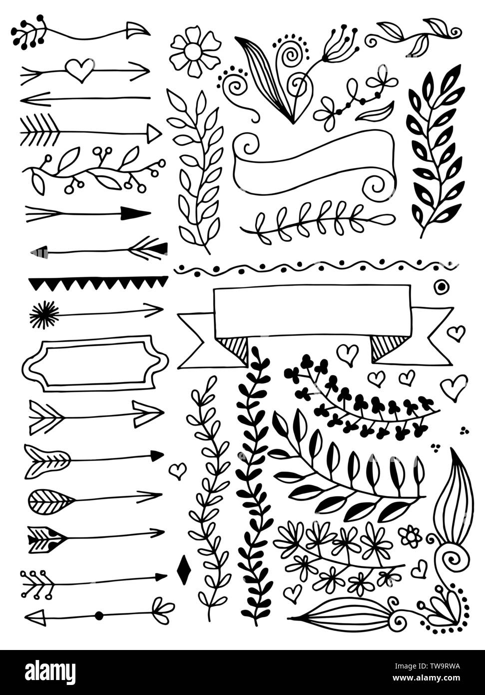 Juego de dibujo a mano alzada, bordes y separadores de página flecha  doodle, elementos de diseño floral Imagen Vector de stock - Alamy
