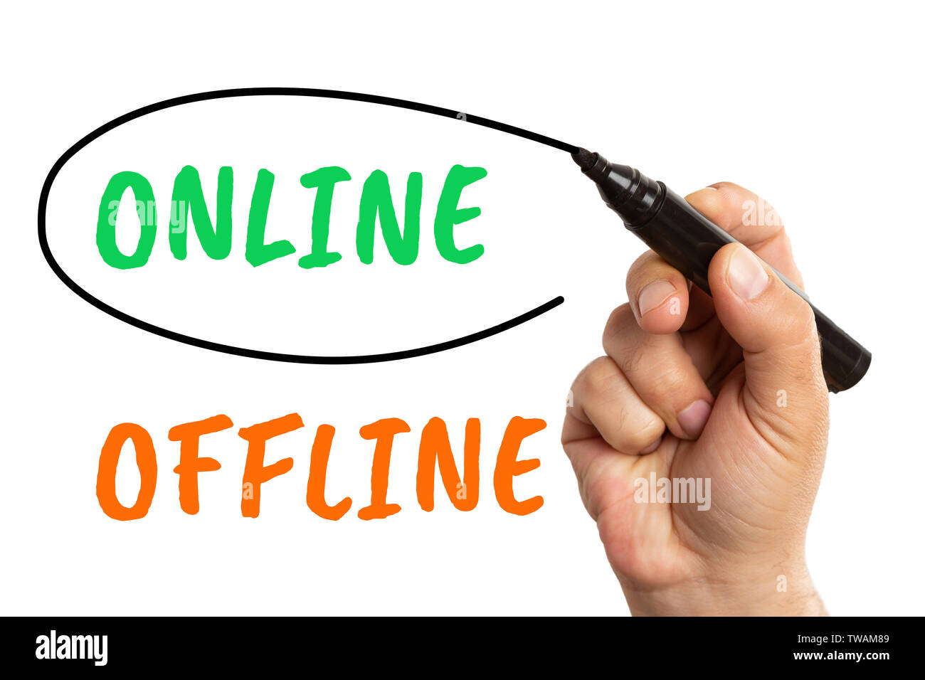 Hombre Elegir Opcion Online Texto De Color Verde En La Pantalla Transparente Como Rodear Con Marcador Negro Aislado Sobre Fondo Blanco Fotografia De Stock Alamy