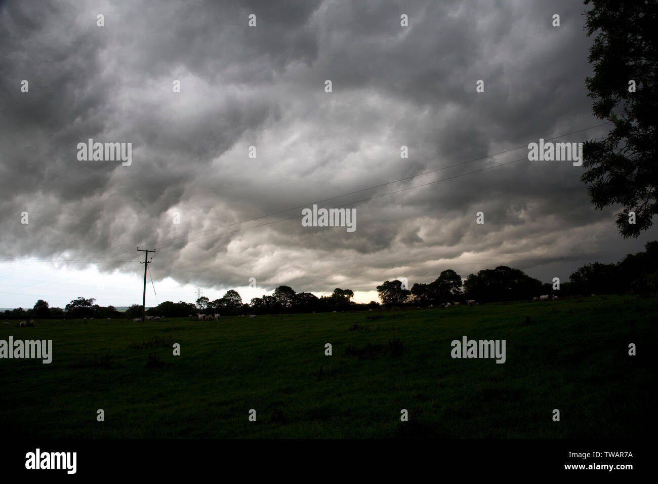 Oscuras nubes de tormenta se cierne sobre Miguel Meon colina cerca de Mickleton, Chipping Campden, RU Foto de stock