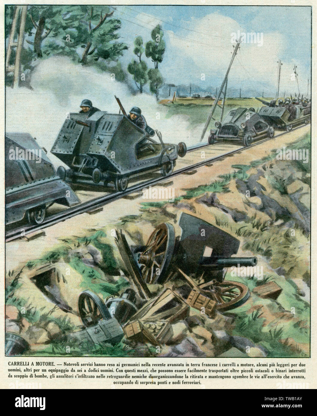 Francia: la invasión del Ejército Alemán es tan rápida porque hacen buen uso de equipo militar de alta tecnología, tales como el ferrocarril-ametralladoras portadores de junio de 1940 Foto de stock
