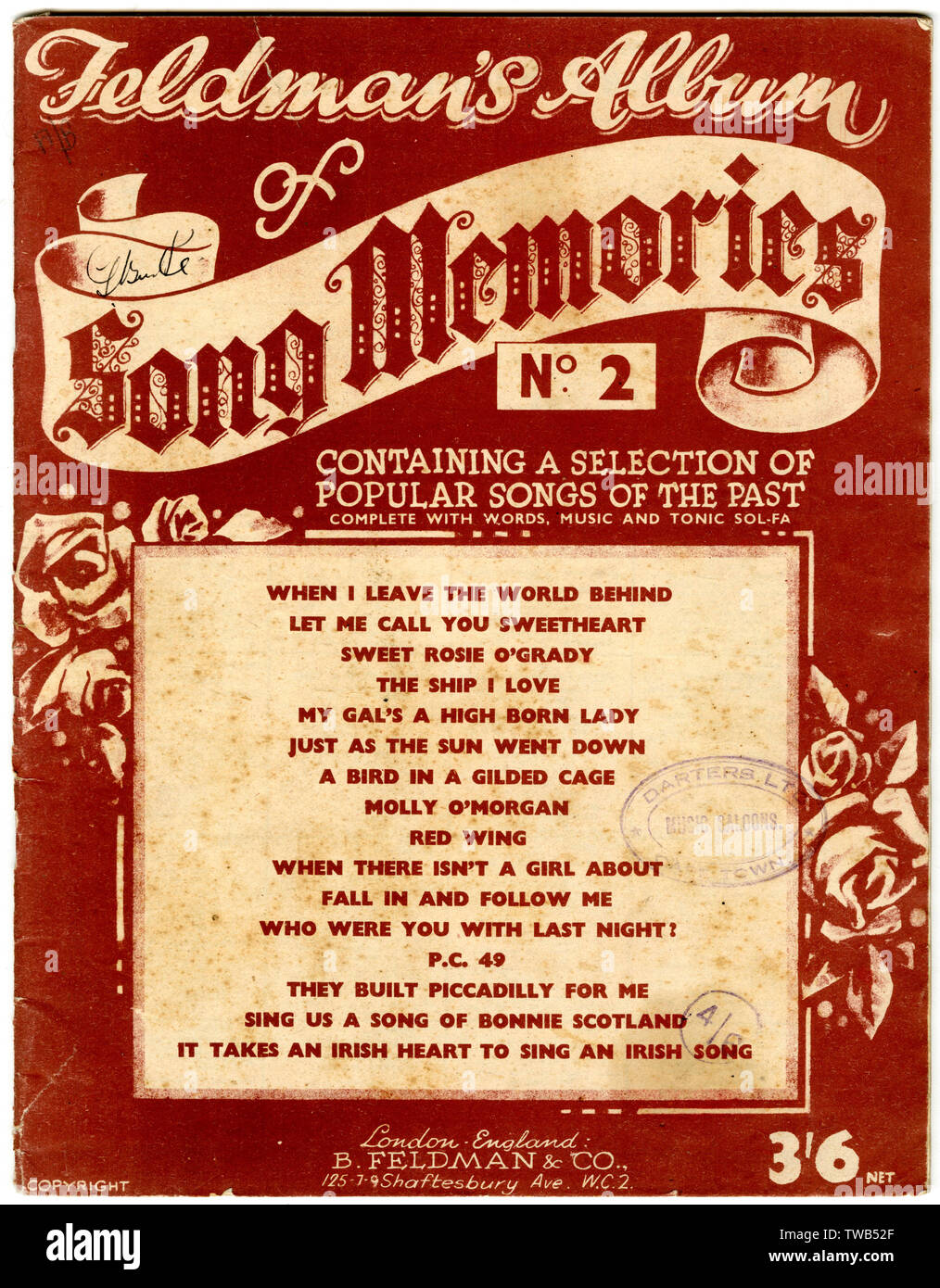 El diseño de la cubierta, Feldman el álbum de recuerdos de la canción nº2, que contiene una selección de canciones populares del pasado. 1930 Foto de stock