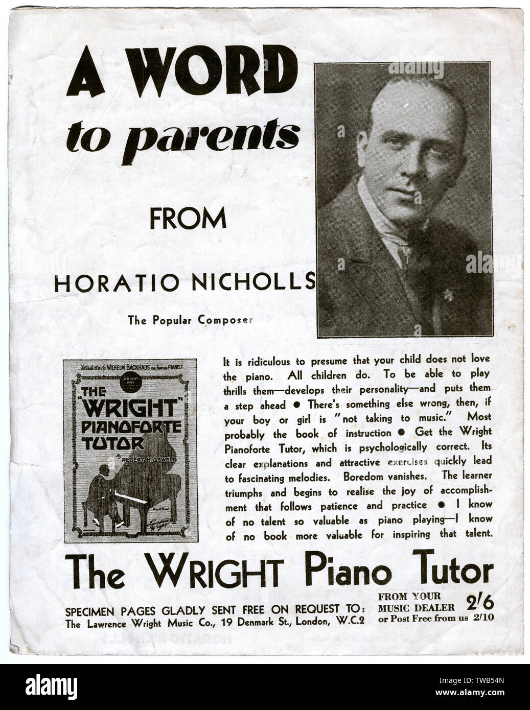 Anuncio, el Wright Pianoforte Tutor por Albert H Oswald -- una palabra a los padres de Horatio Nicholls, el popular compositor. Fecha: 1930 Foto de stock