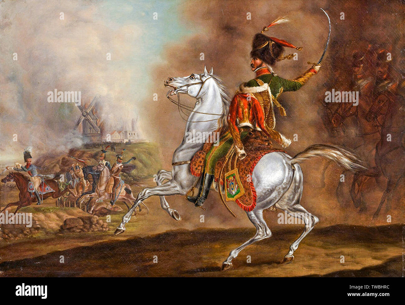 Oficial del caballo francés Chasseurs de la Guardia Imperial en la batalla de Waterloo, pintura, 1815-1862 Foto de stock