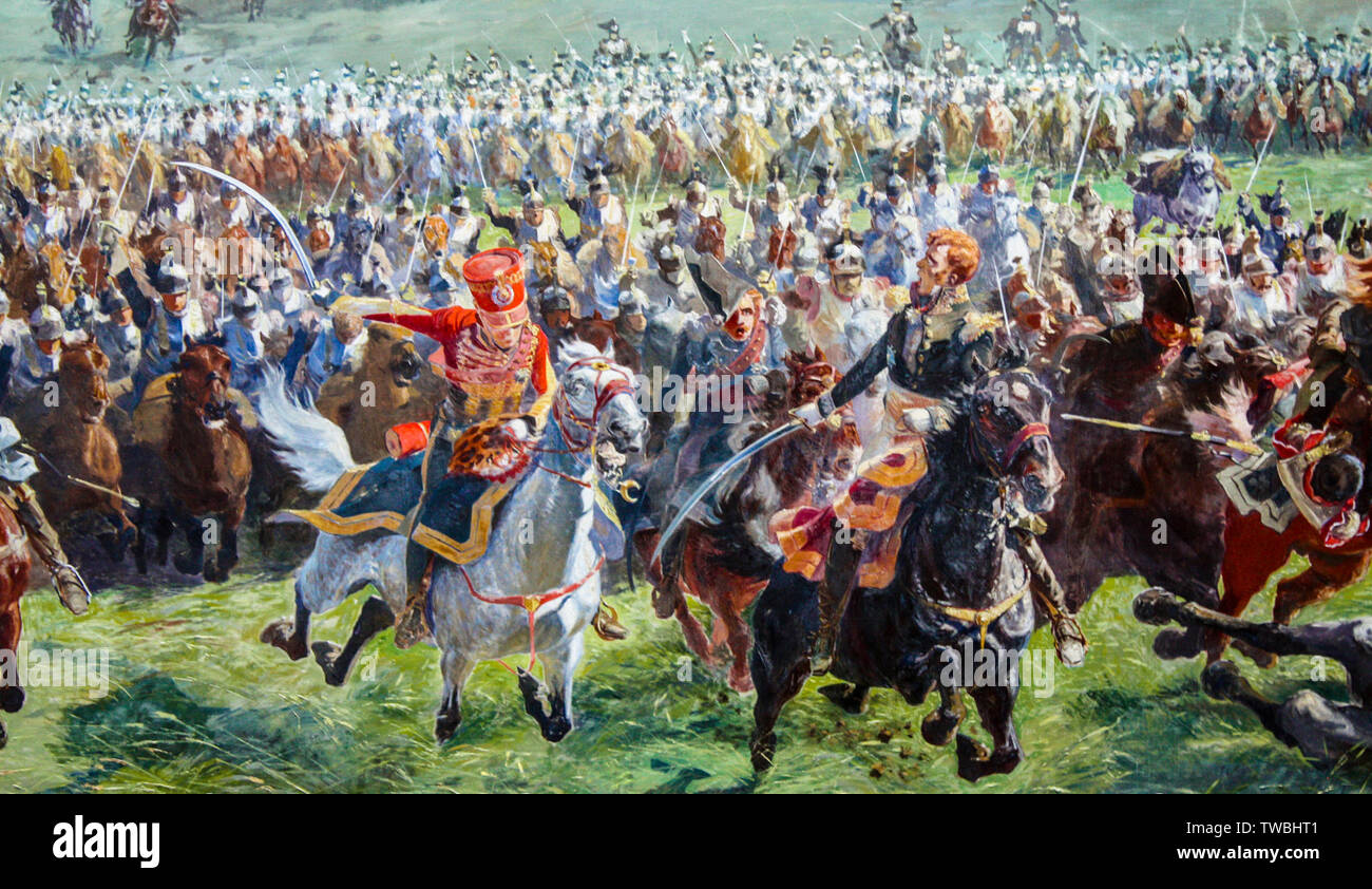 Ney Marshall y su personal liderando la carga de caballería francesa en la batalla de Waterloo, pintura, 1912 Foto de stock