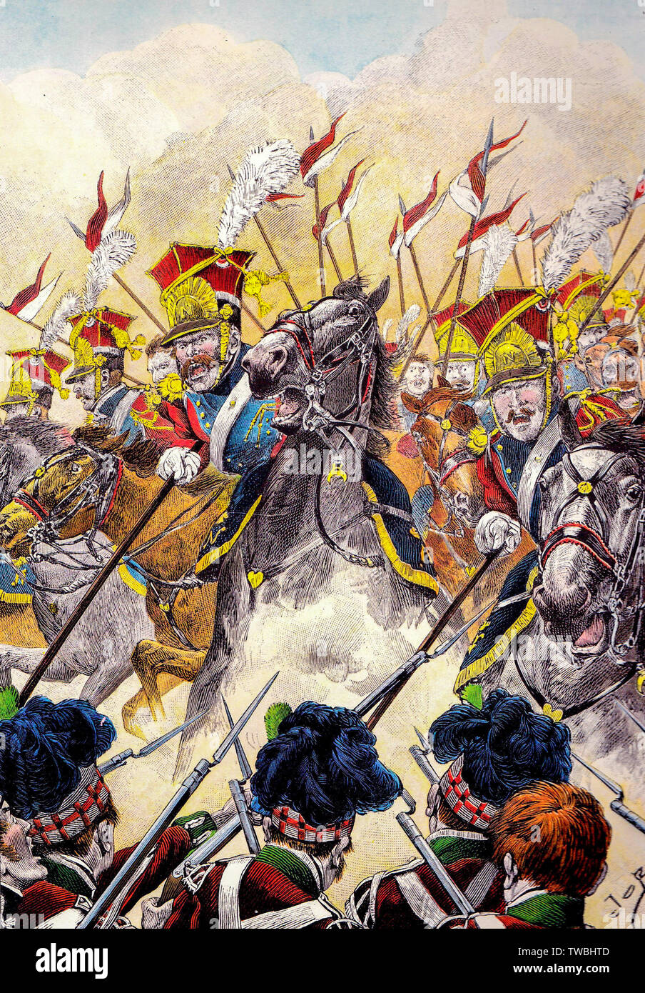 Cargo de los Lancers rojo de la Guardia Imperial Francesa contra la infantería escocesa en la batalla de Waterloo, la ilustración, antes de 1931 Foto de stock