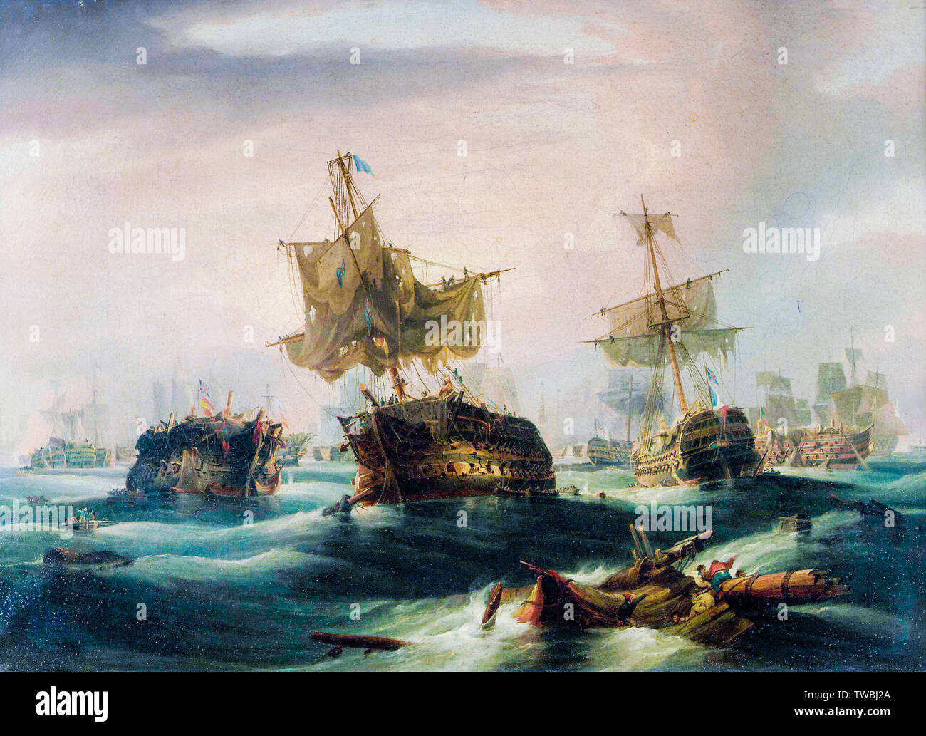 La batalla de Trafalgar, el 21 de octubre de 1805, el cierre de la acción, la posición de las flotas a las 16.30 pm, pintura de William John Huggins, después de 1837 Foto de stock