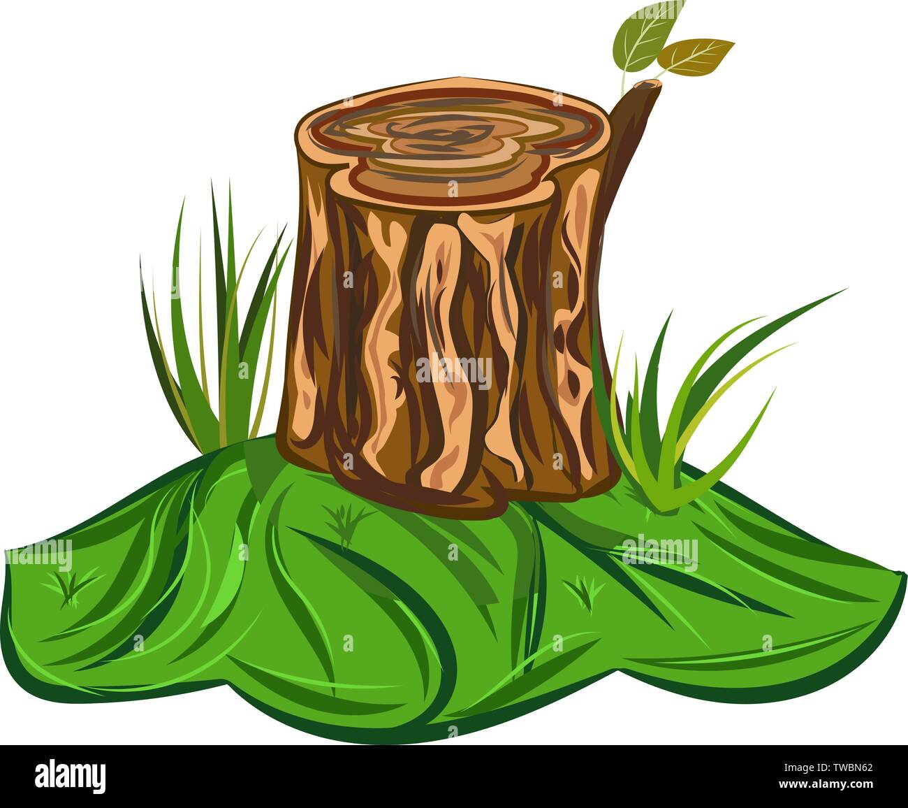 Tocón de árbol ilustración vectorial de una historieta gran tocón de árbol con hojas de sobremesa y algunas briznas de hierba Ilustración del Vector