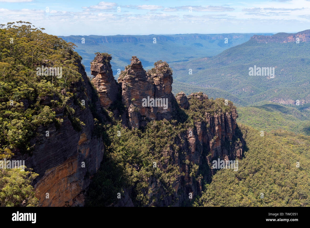 Las tres hermanas desde el mirador de Echo Point, Blue Mountains, Katoomba, en Nueva Gales del Sur, Australia Foto de stock