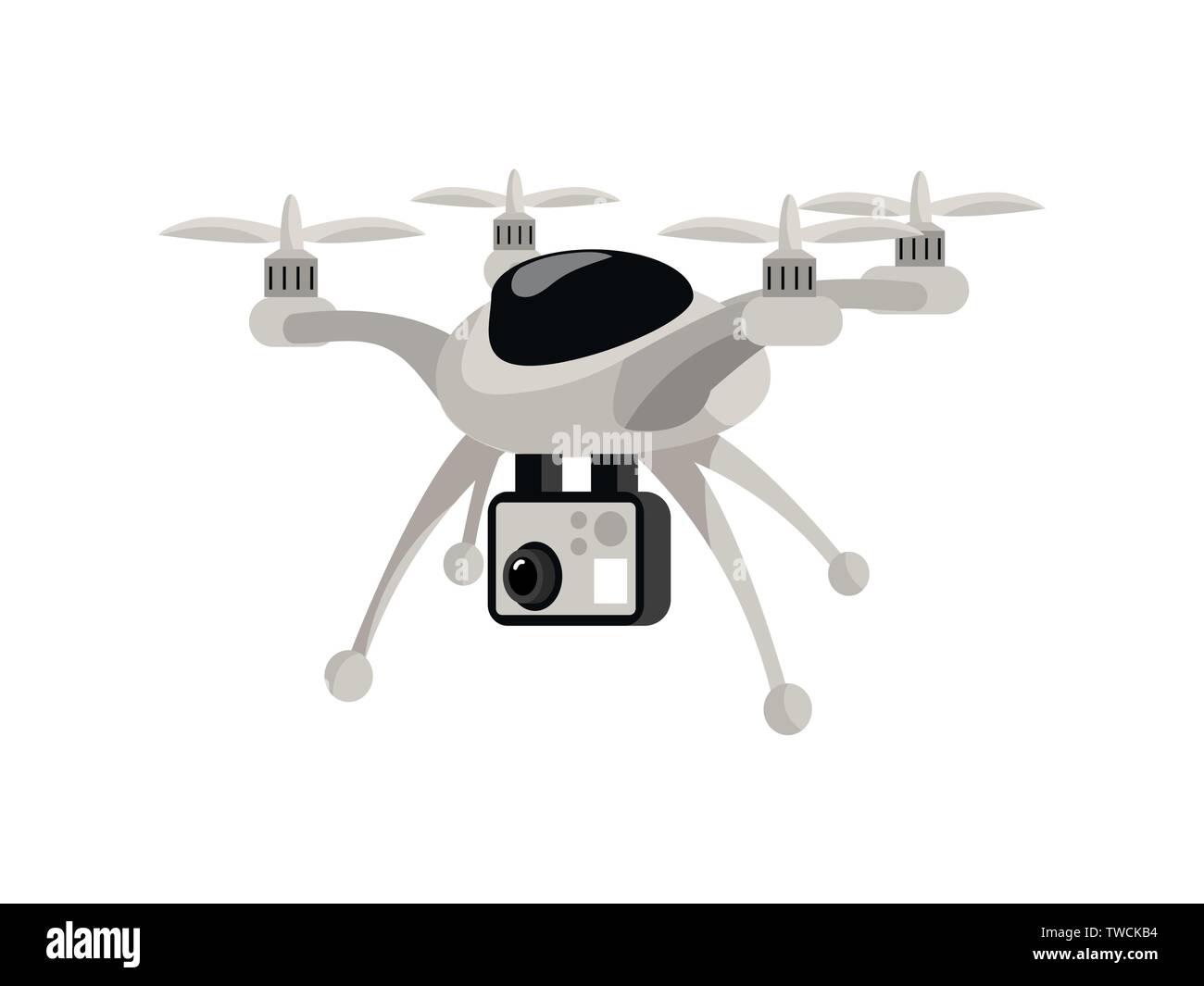 Drone vector plana ilustración en color. Cartoon volando copter con cámara,  quad, rotor quadcopter aislados de aviación, elemento de diseño. La  tecnología digital, la innovación, el juguete moderno, filmando su  dispositivo Imagen