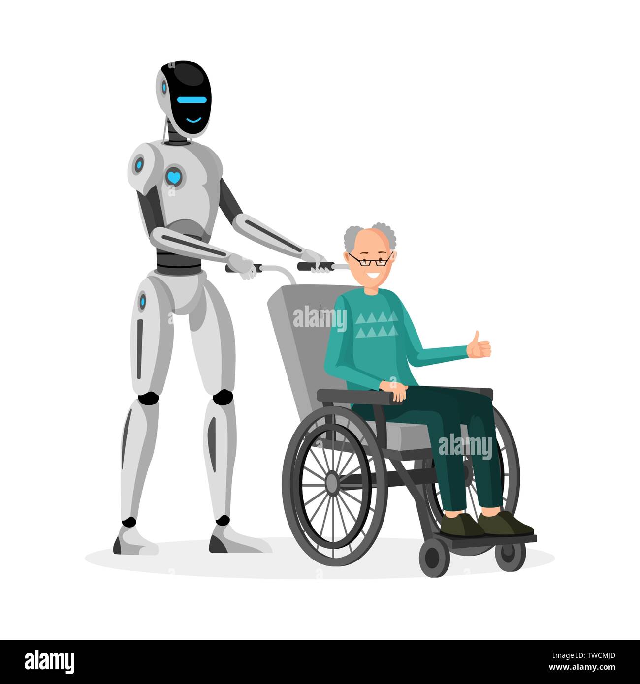 Robot con hombre minusválido flat ilustración vectorial. Cyborg cuidador  discapacitados en silla de ruedas y altos personajes de dibujos animados.  La tecnología Smart el cuidado de los ancianos, elemento de diseño futurista