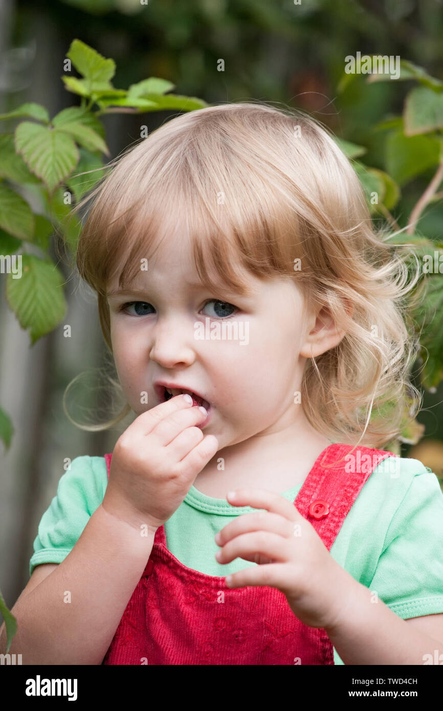 Niño pequeño comiendo baya roja acercamiento cara sobre fondo de verano al aire libre Foto de stock