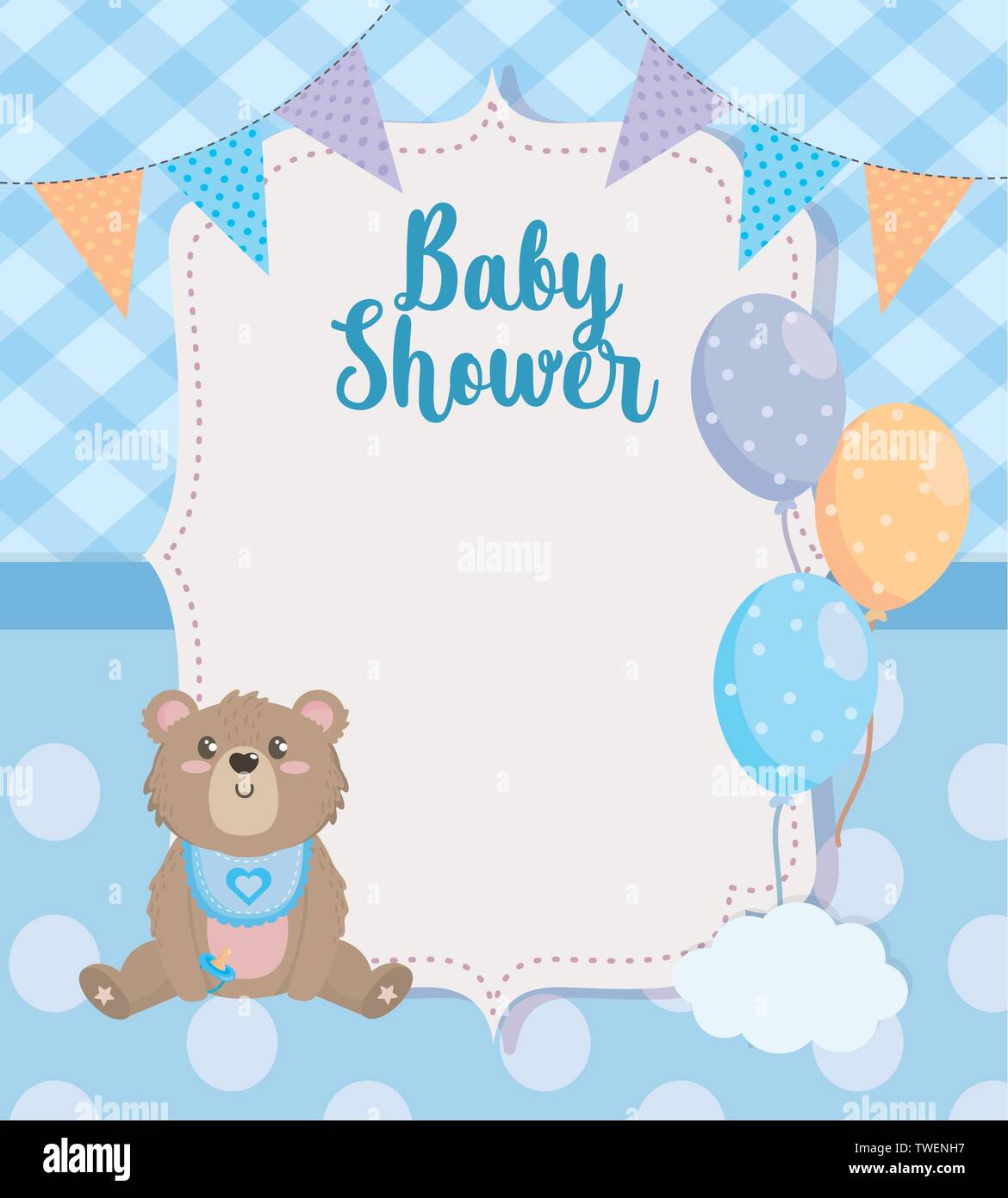 Etiqueta de parte banner con osito y globos para baby shower ilustración  vectorial Imagen Vector de stock - Alamy