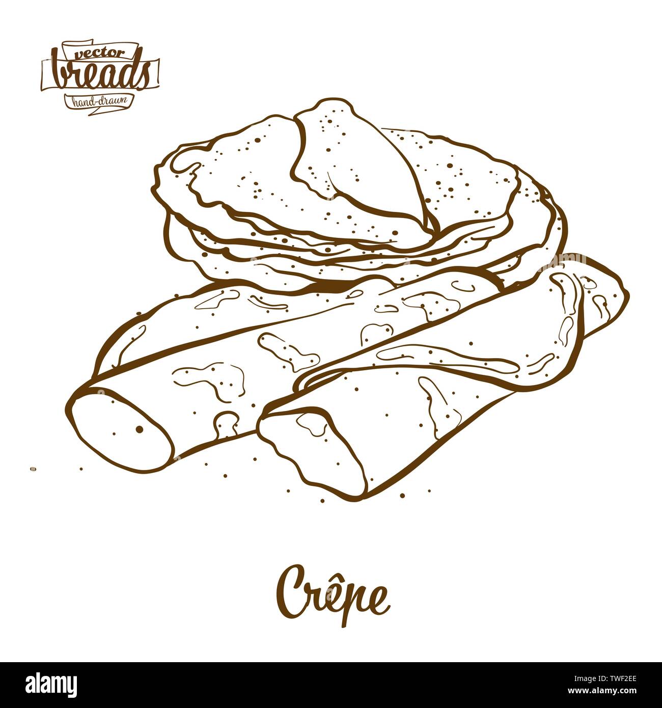 Crêpe pan dibujo vectorial. Boceto de alimentos de panqueque, generalmente conocido en Francia. Ilustración de la serie de panadería. Ilustración del Vector