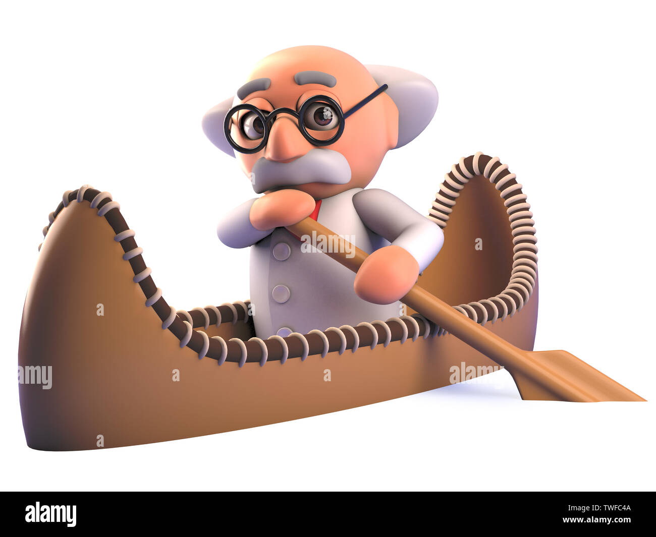 Una imagen renderizada de un científico loco profesor de dibujos animados en 3D, remando un kayak canoa Foto de stock