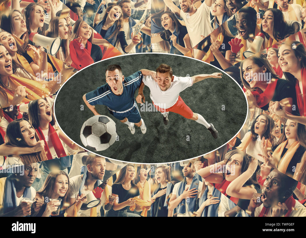Grupo de fans felices están animando a su equipo la victoria. Modelos