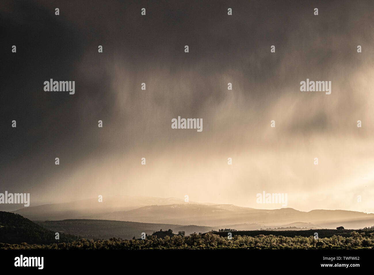 Nubes de tormenta sobre el valle Lamar, el Parque Nacional Yellowstone, Wyoming, EE.UU. Foto de stock