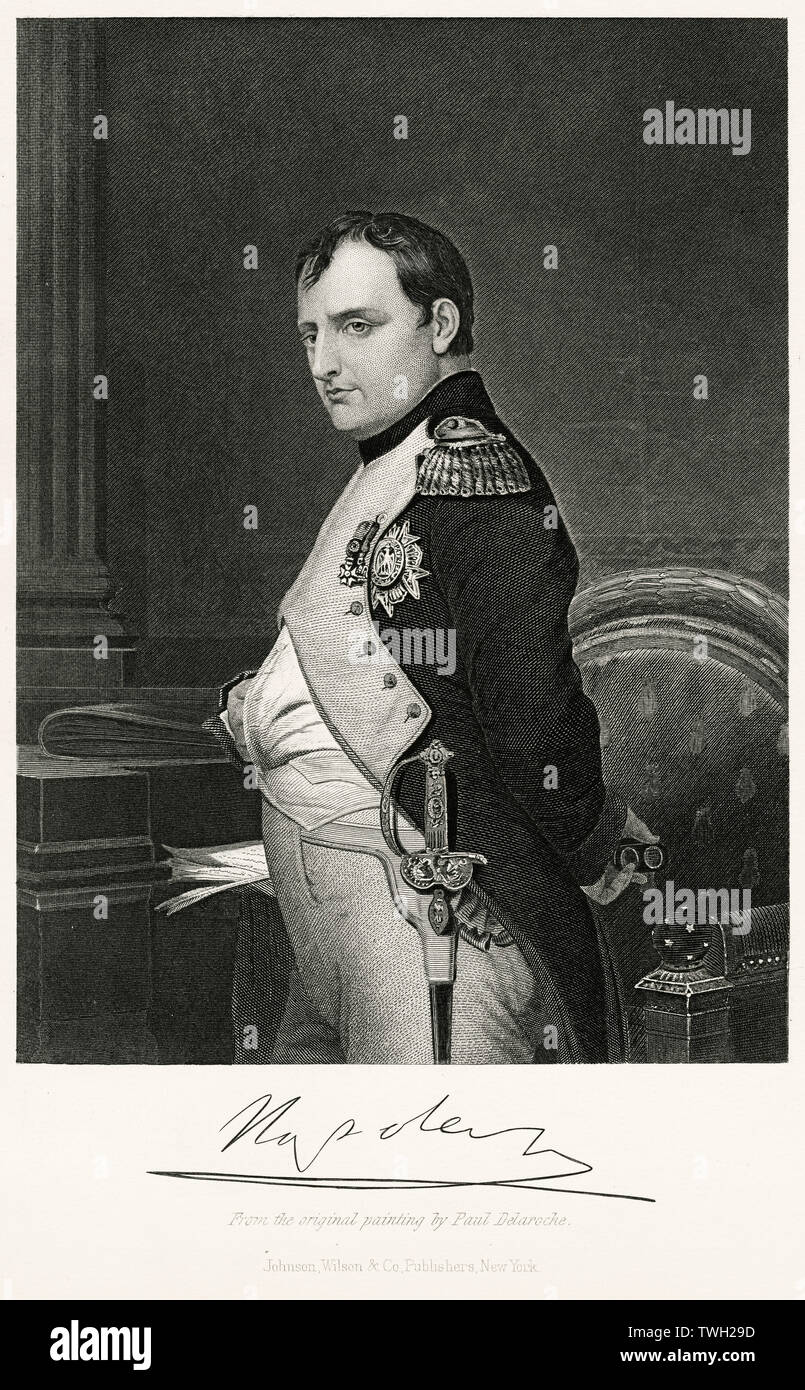Napoleón Bonaparte (1769-1821), Emperador de Francia Napoleón I 1804-14 y brevemente en 1815, Longitud Three-Quarter retrato, acero grabado, galería de retratos de hombres y mujeres eminentes de Europa y América por Evert A. Duyckinck, publicado por Henry J. Johnson, Johnson, Wilson & Company, Nueva York, 1873. Foto de stock