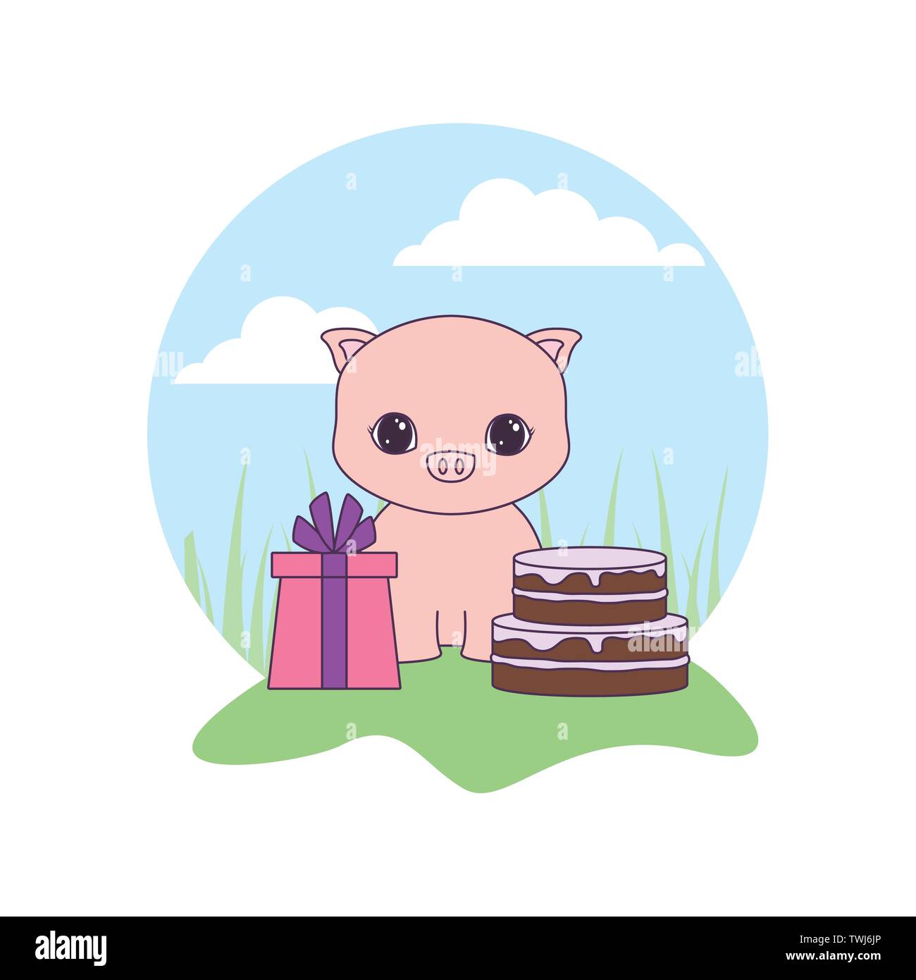 Lindo cerdito con pastel de cumpleaños y caja de regalo de diseño  ilustración vector horizontal Imagen Vector de stock - Alamy