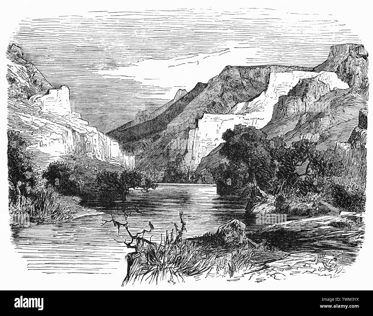 El Vale de Tempe es un barranco en los tempi municipio del norte de Tesalia, Grecia, a través de los cuales fluye el río Pineios en su camino al Mar Egeo. Está situado entre Olympus y Ossa hacia el norte hacia el sur, y entre las regiones de Tesalia y Macedonia. En tiempos antiguos, fue celebrada por poetas griegos como una guarida favorita de Apolo y de las Musas. Foto de stock