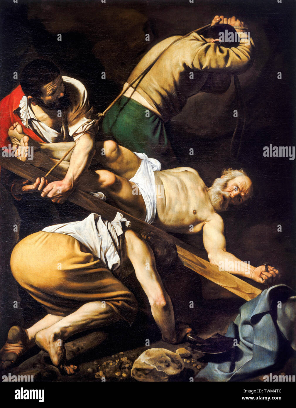 Caravaggio, Crucifixión de San Pedro, Pintura barroca, circa 1600 Foto de stock
