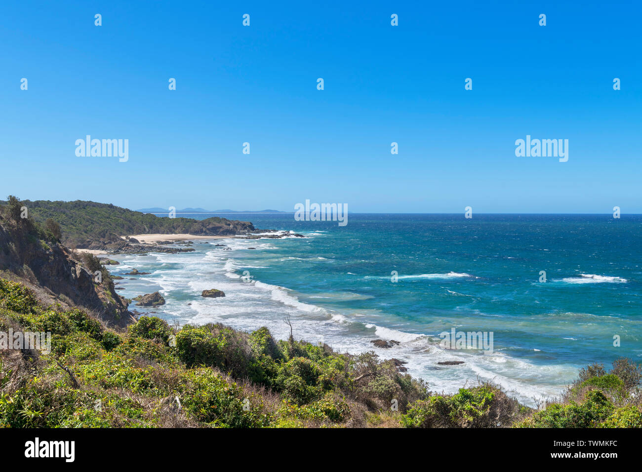 Vista hacia el mar de la playa de mineros Acres una pista de caminata, Port Macquarie, New South Wales, Australia Foto de stock