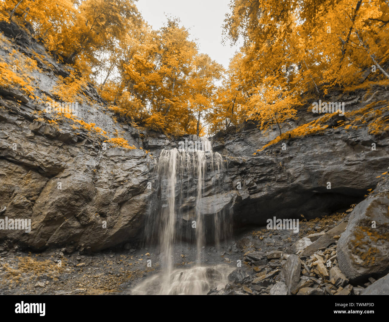 Un misterioso otoño cascada escondida en un bosque remoto. Foto de stock