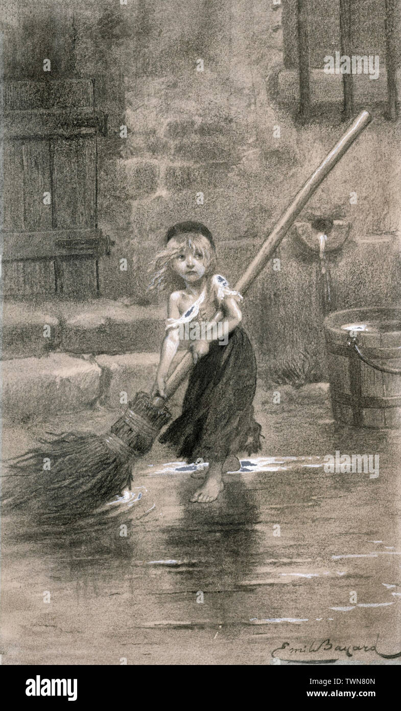 Young Cosette barriendo: 1862 dibujo para Los Miserables de Victor Hugo. Illustrator francés Émile Bayard señala a este boceto de Cosette para la primera edición. Foto de stock