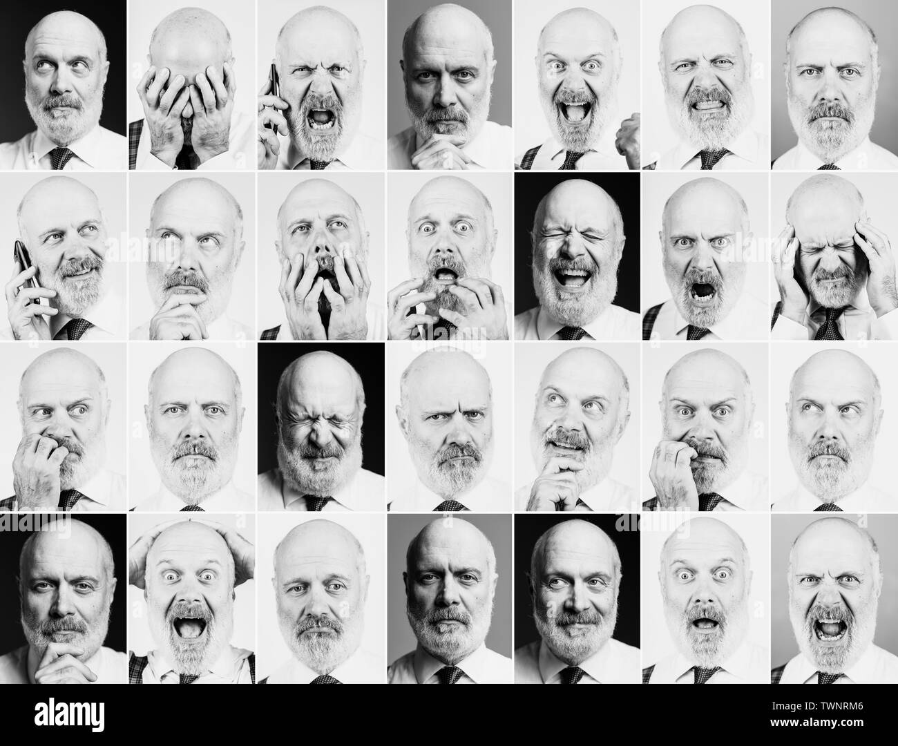 Colección de Retratos de un hombre de negocios maduros con diferentes expresiones y estados de ánimo, mosaico de imágenes Foto de stock