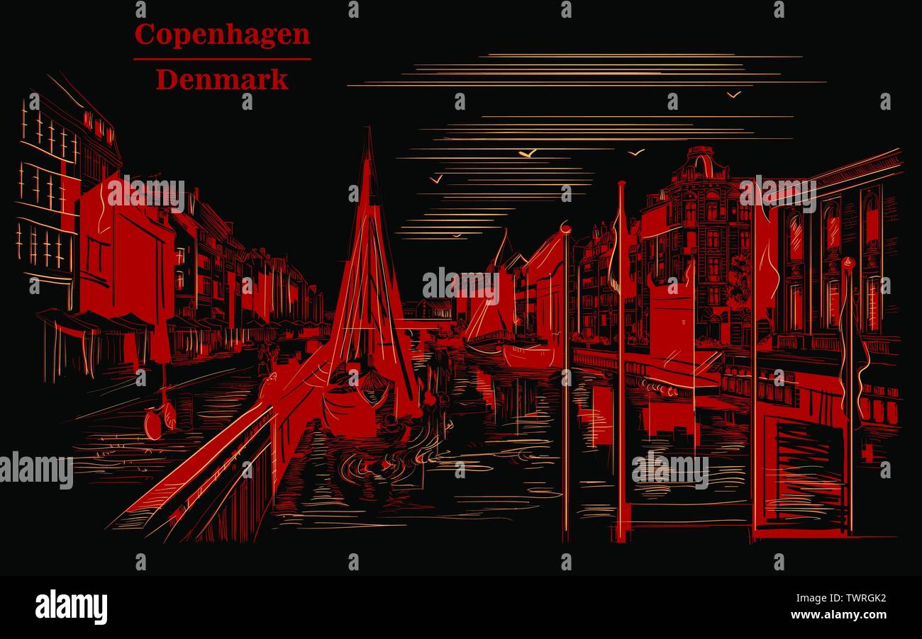 Muelle de Nyhavn en Copenhague, Dinamarca. Hito de Dinamarca. Dibujo a mano ilustración vectorial en color rojo aislado sobre fondo negro. Ilustración del Vector