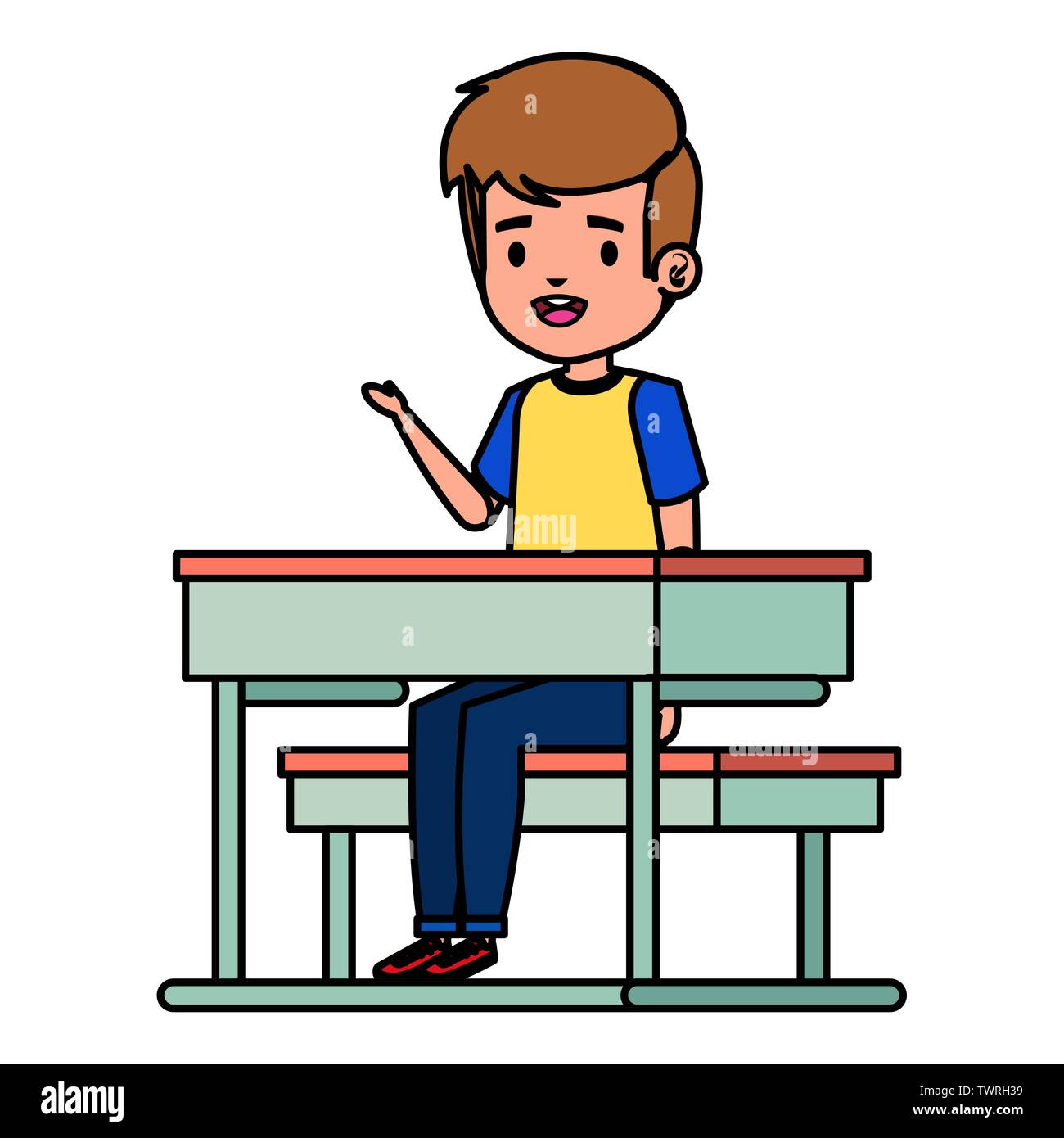 Feliz muchacho estudiante sentado en pupitres escolares Imagen Vector de stock Alamy Feliz muchacho estudiante sentado en pupitres escolares Imagen Vector de stock Alamy