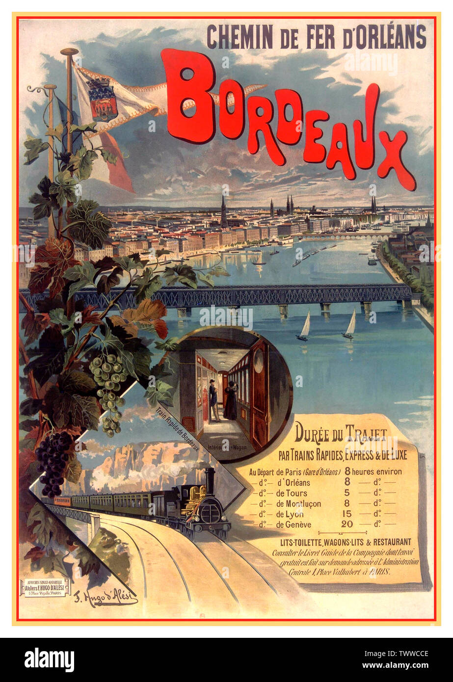 Vintage 1890's poster publicitario del ferrocarril francés de "Chemin de fer d'Orléans" (Ferrocarriles de Orleans') que une París a Burdeos en 8 horas en 1897 Francia Foto de stock