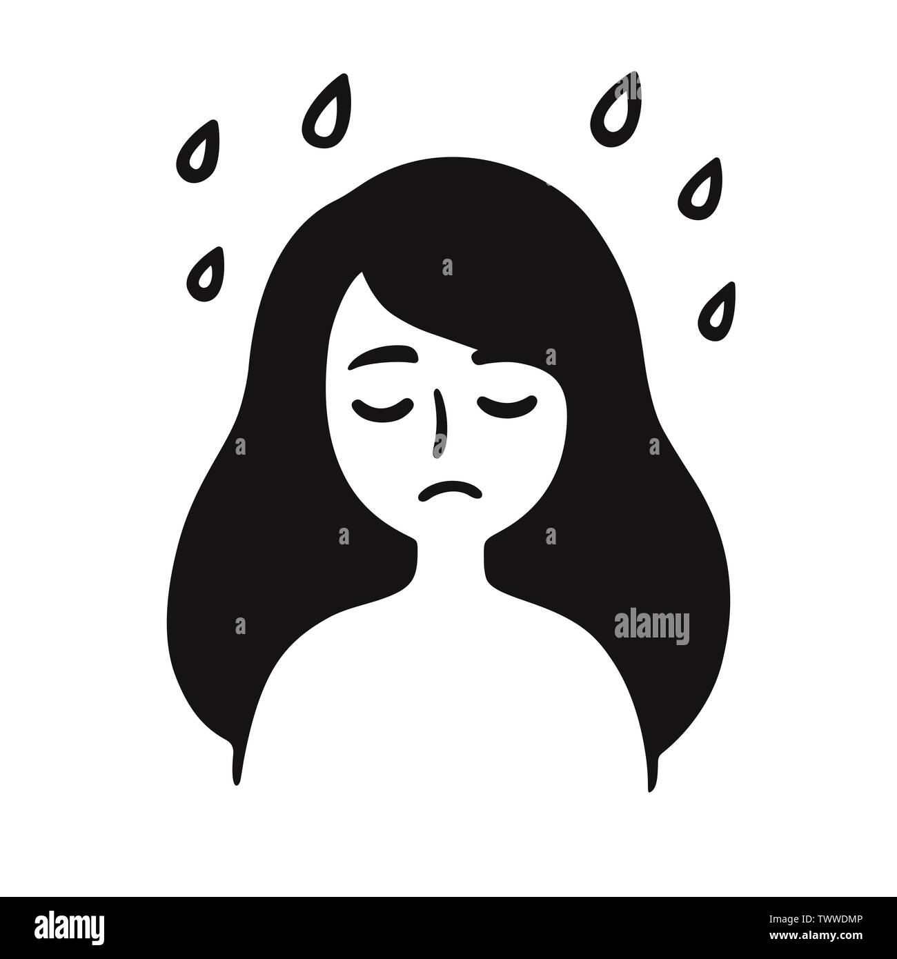 La depresión y la tristeza, la joven con rostro triste bajo la lluvia.  Simple en blanco y negro de dibujos animados. Emociones y salud mental  illust prediseñadas vectoriales Imagen Vector de stock -