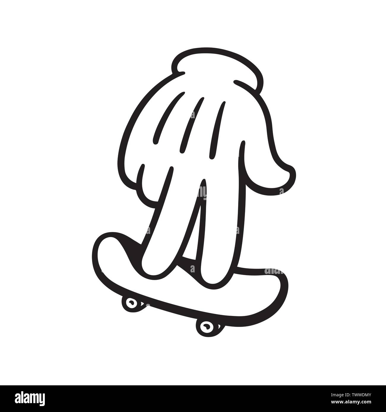 Mano con estilo de dibujos animados, diapasón de skateboard para dedos.  Dibujo en blanco y negro de juguete junta Imagen Vector de stock - Alamy