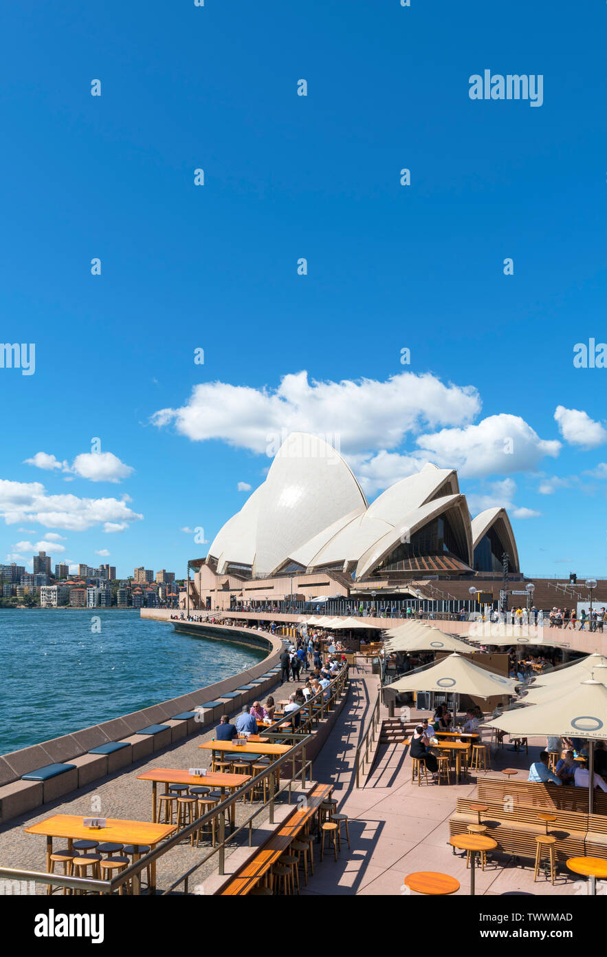 La Ópera Bar terrazas delante de la Sydney Opera House, Bennelong Point, Sydney, Australia. Foto de stock