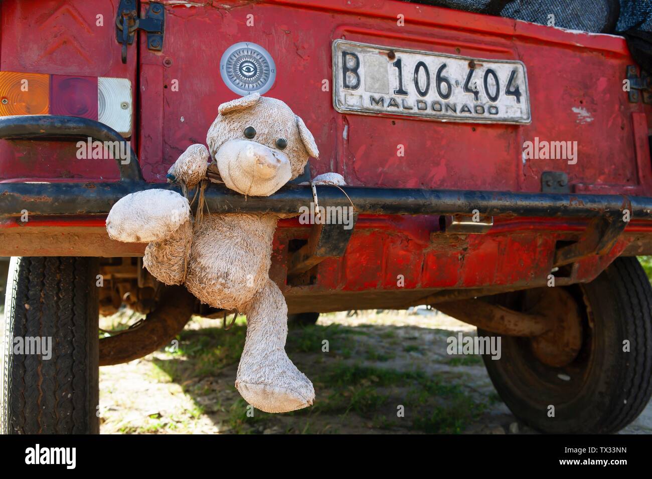 Animal de peluche cuelga del paragolpes en coche oxidado, provincia Rocha, Uruguay Foto de stock