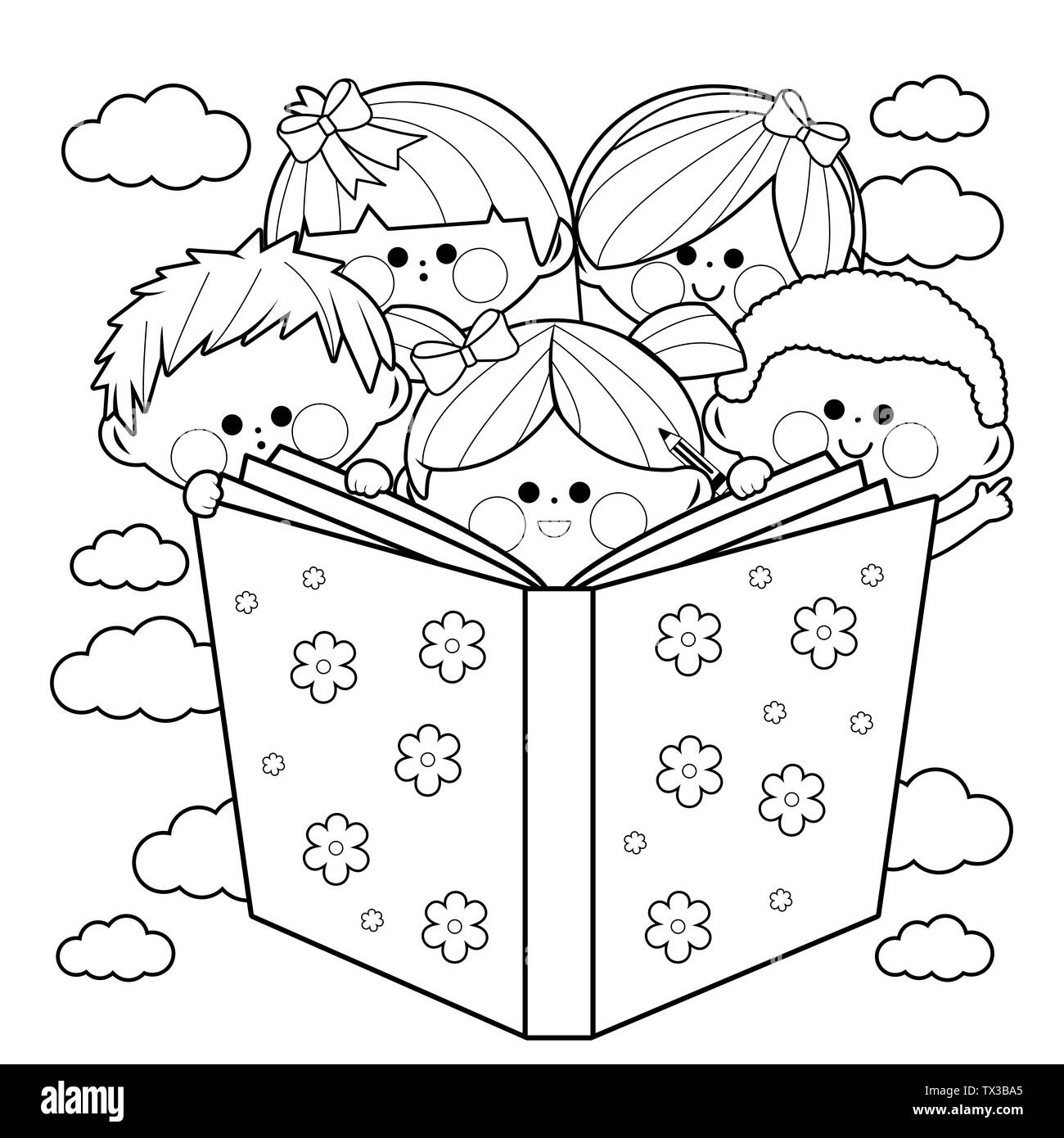 Libro para colorear con niño sosteniendo libros Imagen Vector de stock -  Alamy