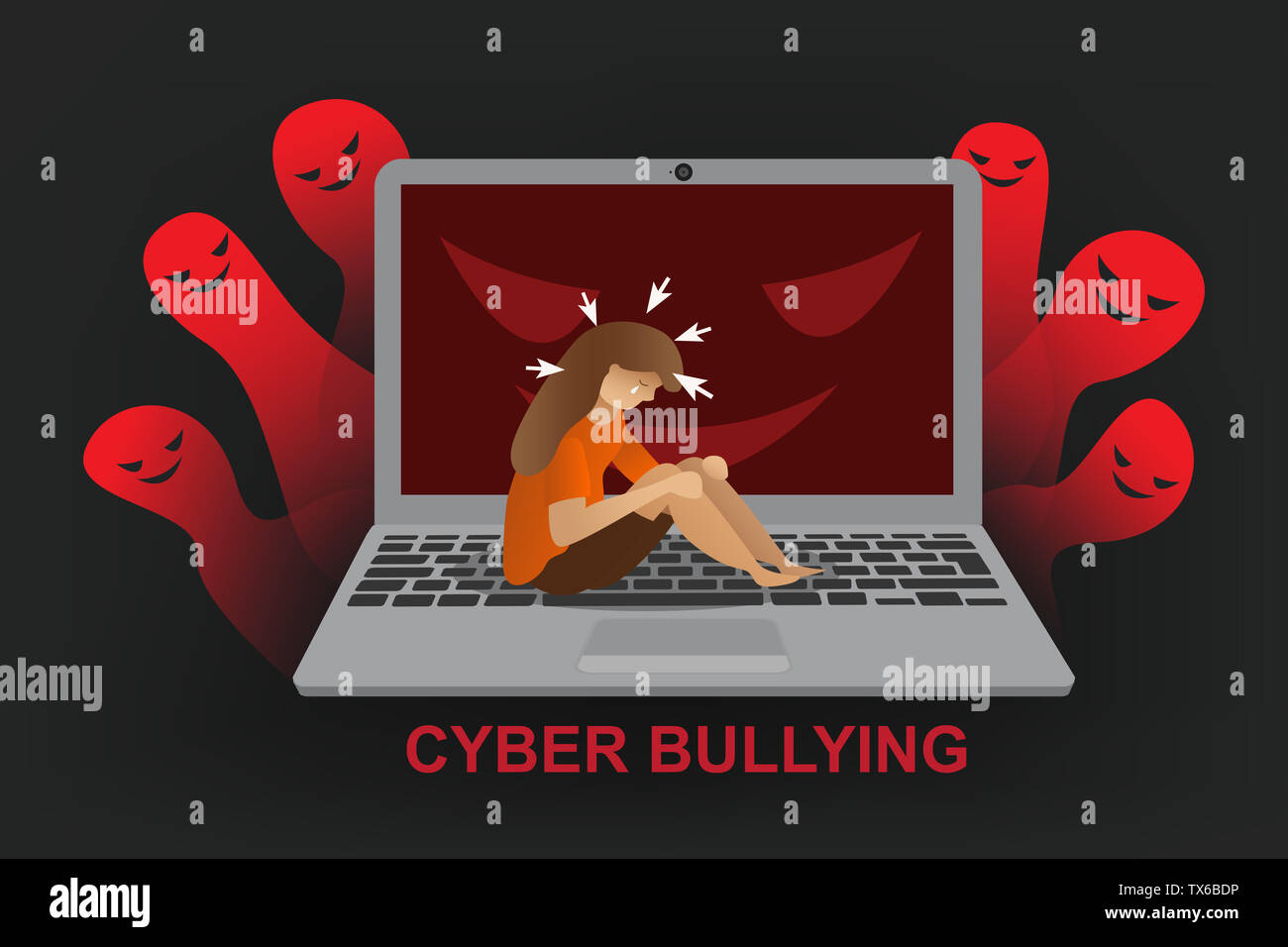 Cyber Bullying equipo con triste mujer banner diseño gráfico vectorial