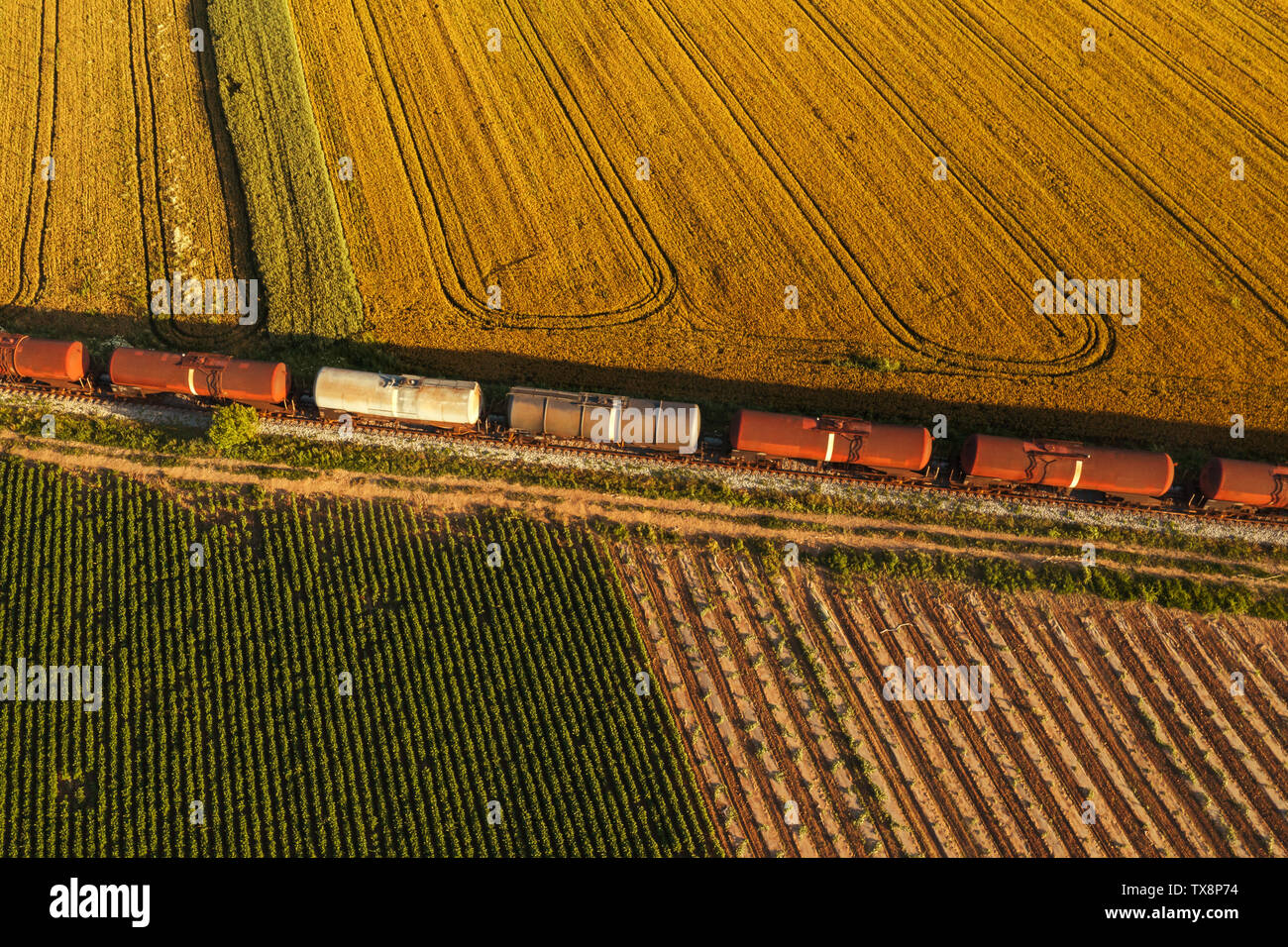 El transporte ferroviario de mercancías, vista aérea del tren pasa por ferrocarril a través de campos cultivados en campo Foto de stock