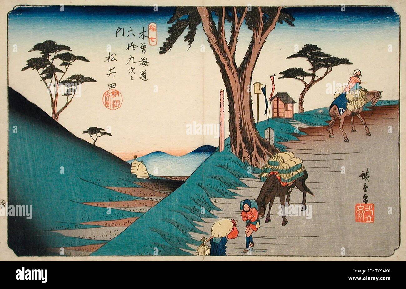 Matsuida, Estación 17; Japón, circa 1838 Suplente Jushichhi Matsuida serie: Sesenta y nueve Estaciones del Kisokaid¯o, número 17 impresiones; woodcuts Color woodbk impresión Imagen: 9 x 14 1/4 pulgadas. (22.8 x 36.3 cm); papel: 9 11/16 x 14 1/2 pulg. (24.6 x 36.9 cm) Regalo anónimo (M.73.75.30) Arte japonés; circa 1838 fecha QS:P571,+1838-00-00T00:00:00Z/9,P1480,Q5727902; Foto de stock