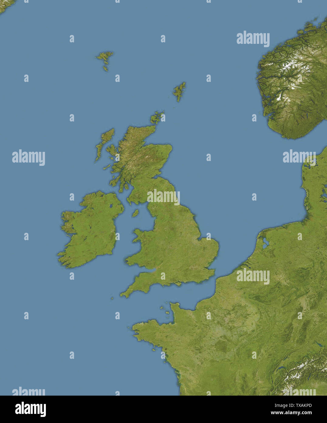 Mapa de ation de los océanos alrededor del Reino Unido e Irlanda proyección equirectangular, N/S que se extiende 150 %. Límites geográficos del mapa: N: 65º N S: 45º N W: 15º W E: 10º E; 19 de diciembre de 2008 (19 de diciembre de 2008 (fecha de carga original)); Transferido desde en.pedia (texto original : Obra propia, versión recortada de File:Europe Satellite Image ation map.jpg, que es una versión recortada y editada en color de File:Whole World - Land and Oceans 12000.jpg por NASA/Goddard Space Flight Center); Bellhalla. El cargador original era Bellhalla en en.pedia; Foto de stock