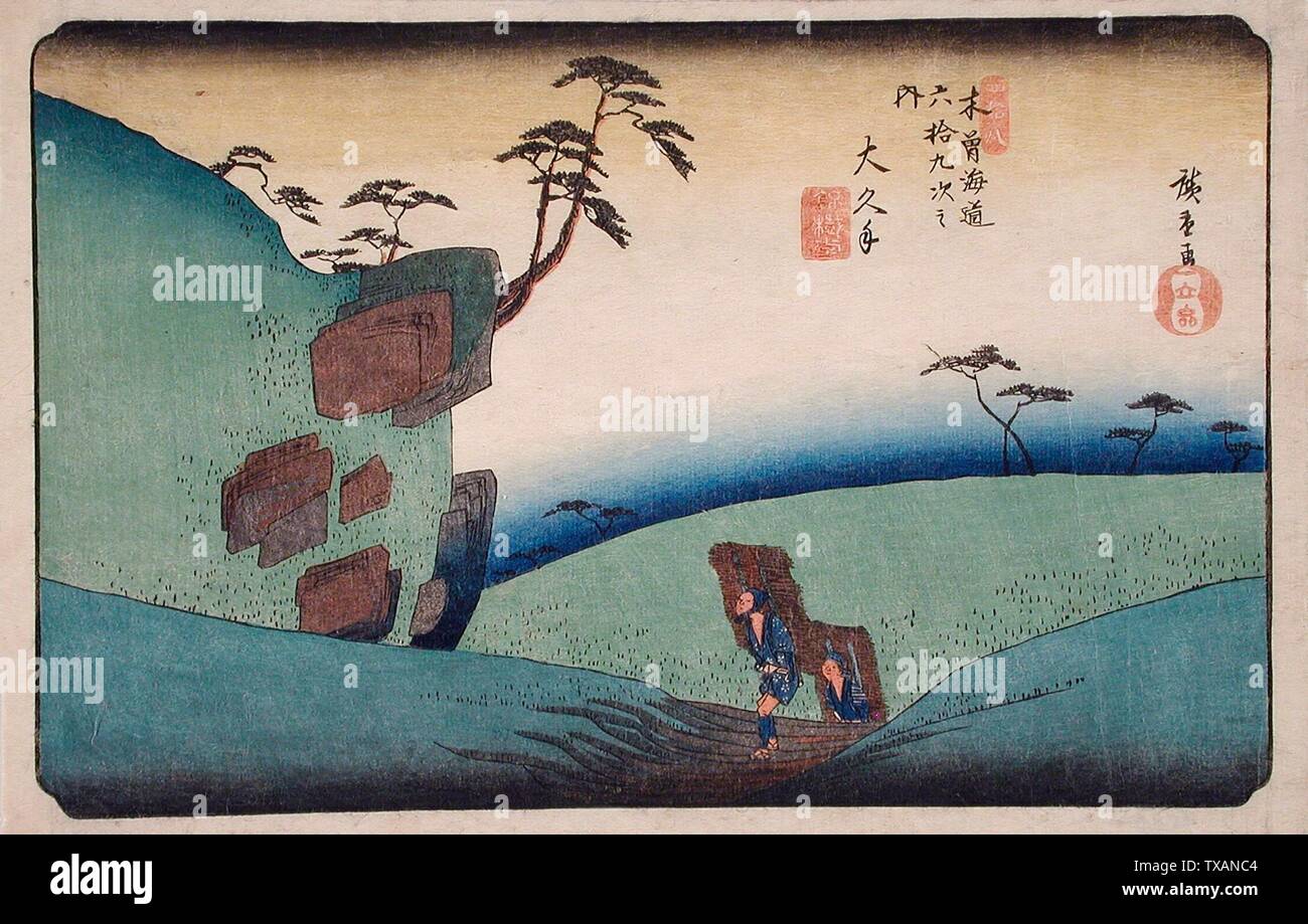 ÅŒkute; Japón, circa serie 1838: Sesenta Y nueve Estaciones de las impresiones de Kisokaido; recortes de madera Color woodbk Imprimir Imagen: 8 5/16 x 13 15/16 pulgadas. (22.6 x 35.4 cm); Hoja: 9 14 11/16 x 1/8 pulg. (24 x 37.3 cm) Regalo del Dr. Harvey Eagleson (M.66.35.32) Arte japonés; circa 1838 fecha QS:P571,+1838-00-00T00:00:00Z/9,P1480,Q5727902; Foto de stock